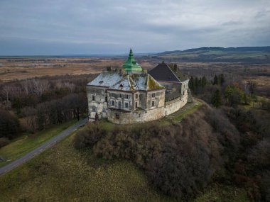 Ukrayna, Lviv yakınlarındaki güzel Olesky Kalesi 'nin hava manzarası. Yüksek kalite fotoğraf