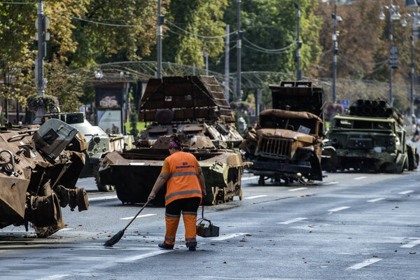 An exhibition destroyed russian military vehicles on the main Khreschatyk street in downtown Kyiv, Ukraine,, August 21, 2023. High quality photo