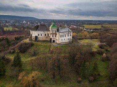 Ukrayna, Lviv yakınlarındaki güzel Olesky Kalesi 'nin hava manzarası. Yüksek kalite fotoğraf