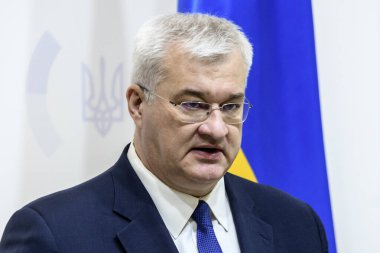 Ukrayna Dışişleri Bakanı Andrii Sybiha, 14 Mart 2025 tarihinde Ukrayna 'nın Kyiv kentinde düzenlenen basın toplantısına katıldı. Yüksek kalite fotoğraf