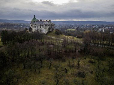 Ukrayna, Lviv yakınlarındaki güzel Olesky Kalesi 'nin hava manzarası. Yüksek kalite fotoğraf