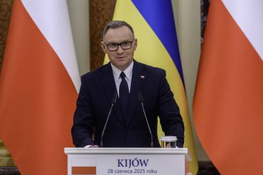 Polonya Cumhurbaşkanı Andrzej Duda, Ukrayna Cumhurbaşkanı Volodymyr Zelenskyy ile 28 Haziran 2025 tarihinde Ukrayna 'nın Kyiv kentinde ortak bir basın toplantısı düzenledi. Yüksek kalite fotoğraf