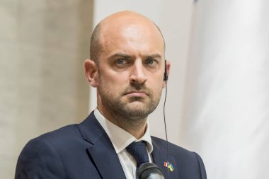 Fransa 'nın Avrupa ve Dışişleri Bakanı Jean-Noel Barrot, Ukrayna Dışişleri Bakanı Andrii Sybiha ile 21 Temmuz 2025 tarihinde Ukrayna' nın Kyiv kentinde düzenlediği ortak basın toplantısına katıldı. Yüksek kalite fotoğraf