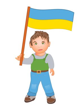  Elinde Ukrayna bayrağı olan bir çocuk. Vektör illüstrasyonu beyaz arkaplanda izole edildi.