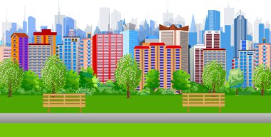 Parkta bankları olan modern bir şehirde manzaranın vektör çizimi. Birçok bina, çiçek açan ağaçlar ve ufuk çizgisi olan gerçekçi bir tarz..