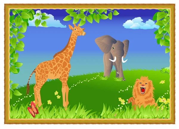 Framed African Landscape Animals Hanging Wall Lion Giraffe Elephant Natural — Stock Vector