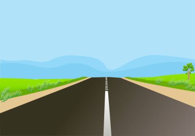 Dağların mavi mesafesinde kaybolan bir yolu olan dağ manzarası. Vektör illüstrasyonu.