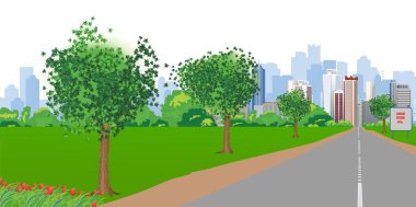 Kenarlarında akçaağaç ağaçları olan şehre giden güzel bir yol manzarası. Şehir binaları uzaktan görülüyor. Vektör illüstrasyonu.