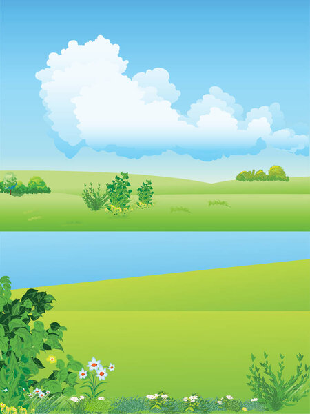 Летом река. Красивый пейзаж с голубым небом и облаками на заднем плане. Векторная иллюстрация.