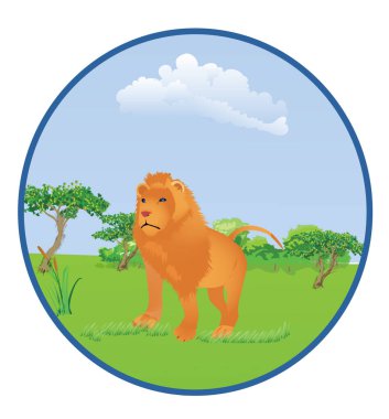 Afrika 'nın tarlalarında yürüyen Afrika savana aslanı. Beyaz üzerine izole edilmiş simge tasarımı ve logo için vektör illüstrasyonu.