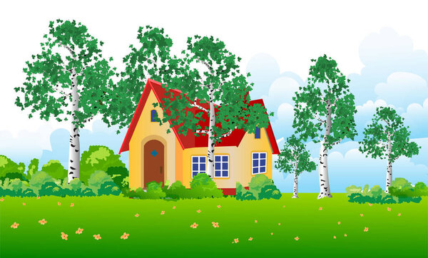 Ландшафт с множеством красивых берез и маленьким уютным домом в глубине. Векторная иллюстрация.