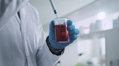 Koruyucu eldivenli el bilim adamı bir tüp tutuyor ve bir ışık laboratuarına sıvı koyuyor. Tıp, biyoteknoloji, kimya.