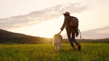 Gün batımında köpeğiyle canlı yeşil bir tarlada rahatça yürüyen bir insanın güzel ve sakin bir sahnesi.
