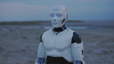 Boş Doğal Manzara Ortamı 'nda Yapay Zeka Prototipi Robot İnsansı Robotunun Geleceği Çekimi. Geleceğin Dünyasında Yalnız Cyborg. Yapay Zeka Konsepti.