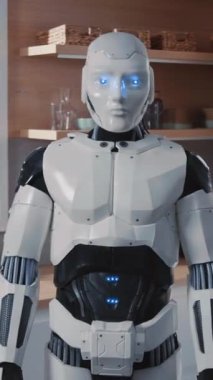 Pürüzsüz ve şık bir insansı robot, mavi ışıklarla aydınlatılmış, kusursuz ev otomasyonu için özel olarak tasarlanmış.