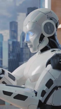 Canlı bir şehir zeminine karşı gelişmiş teknolojik özellikler sergileyen zarif ve modern bir insansı robot.
