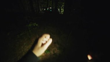 Kapalı ellerde casus adam gecenin karanlığında kanıt arıyor. Acele et! Orman, güvenlik, ekipman, projektör, sis, suçlu. POV çekimi