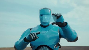 Robotik Mavi Cyborg Sahadaki Şeffaf Dokunmatik Ekran 'da Verimlilik Verisi Grafiği ile Yenilikçi Telefon Kullanıyor. Tarım Teknolojisi. Çiftçiliğin Geleceği.