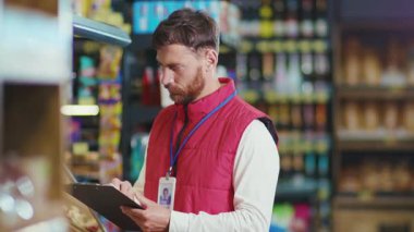 Ciddi genç satıcı defterine bir şeyler yaz. Süpermarkette sebze işi. Güzel, taze, perakende satış mağazası.