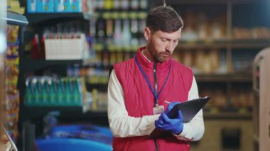 Genç satıcının portresi süpermarkette deftere yazıyor. Kameraya bak. Ciddi sebze işi.