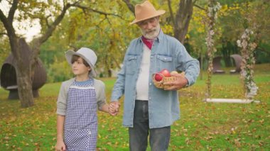 Bahçede elma toplayan şapkalı bir çocuk portresi. Çocukluk, yemek, köy. Doğal, tarım. Gün ışığında. Yavaş çekim