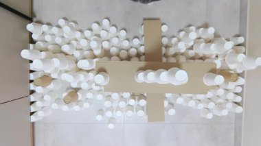 Beyaz kağıt bardak kulesinin üzerinden başarıyla atlayan büyük sevimli kedinin yatay görüntüsü zeminde altüst oldu. Evcil hayvanlar sirkteki gösteriye hazırlanıyor. Ev