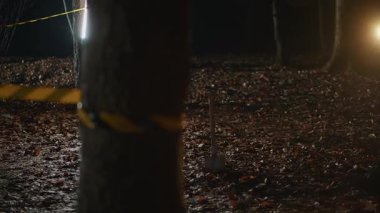 Evrak çantalı genç dedektifin silueti elinde fenerle geceleyin kanıt arıyor. Korkunç bir cinayet hikayesi. Açık havada. Siyah kıyafetli bir adam ormanda tek başına çalışıyor. Açık hava.