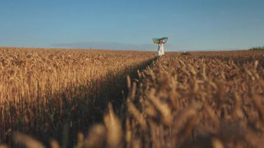 Ulusal bayrağı mavi ve sarı tutan ve buğday tarlasında koşan Ukraynalı bir kadının mutlu manzarası. Güneş ışığı var. Hasat. Ukrayna, bağımsızlık, özgürlük. Vatanseverlik sembolü, savaşta zafer. Yavaş çekim