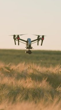 Şafak vakti çarpıcı tarlaların üzerinde süzülen parlak bir dron hava teknolojisi ve yenilikleri sergiliyor.
