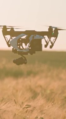 Çok yönlü bir dron zarif bir şekilde altın bir arazide uçuyor, modern hava fotoğrafçılığının harikalarını sergiliyor.