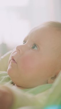 Bebek yüzünün barışçıl bir yakın çekimi, masumiyeti ve merakı yumuşak, doğal ışıklandırmayla yakalıyor..