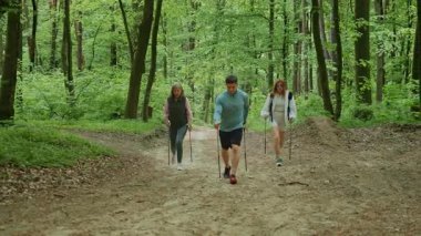 Yürüyen erkek eğitmeni olan kadınlar İskandinav yürüyüş çubuklarını kullanıyor ve yeşil ormanda İskandinav direklerini tutuyorlar. Grup