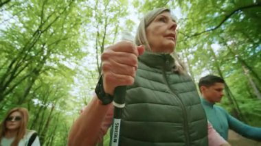 Yürüyen insanlar İskandinav yürüyüş çubuklarını kullanıyor ve yeşil ormanda kuzey kutuplarını tutuyorlar. Grup