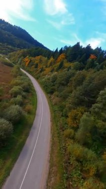 FPV insansız hava araçları vahşi doğada manevra yapabilir. Otoyol boyunca motosiklet kullanan profesyonel bir motorcu. Yolculuk. Maceralar yaşam tarzı.