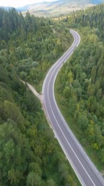 Güzel yeşil ormanın, dağ vadisinin doğal ortamının ilham verici görüntüsü. Virajlı otoyollar. Yolculuk. Seyahat güzergahı. FPV İHA.