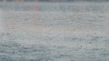 Huzurlu ve sakin bir yağmur damlası görüntüsü suda dalgalanmalar yaratıyor, kasvetli bir atmosferi yakalıyor.