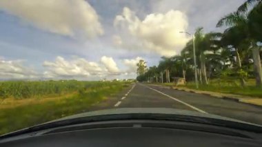 Bu ilgi çekici video, hareketli bir arabanın içinden, ağaçlı bir yolda ve şehir sokaklarında pürüzsüz bir sürüş içeren manzaralı bir yolculuk sergiliyor.