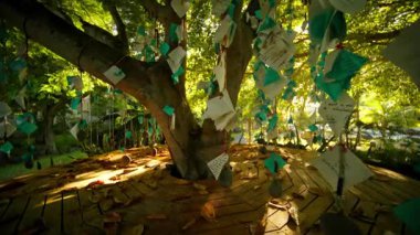 Canlı bir ağaç, sakin ve huzurlu bir açık hava ortamında asılı kağıt süslemelerle süslenmiş.