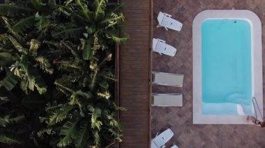 Üstten manzara, yüzme havuzlu pahalı bir otel terası. Kristal berrak havuzda yüzen genç kadın yaz gününün tadını çıkarıyor. Tropik tatil.