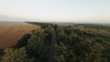 Muhteşem yaz kırsal kesiminin güzel klipsi. Sürücü arabalı bir kasaba otoyolu. FPV İHA uçuşu.