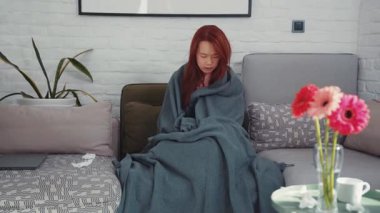 Evdeki kadın battaniyeye sarılı köpek gribi yüzünden acı çekiyor. Hasta kız battaniyenin altında kanepede uzanıyor ve köpekle ateşini ölçüyor. Titreyen ve hasta bir grip hastası genç Asyalı kadının eve yakın çekimi. Salgın 2019 Coronavirüs 2019-nCoV Konsepti.