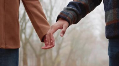 Sonbahar parkında el ele tutuşan eşcinsel bir çift. Yakın çekim görüntüleri