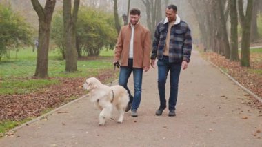 Sonbahar parkında, güler yüzlü eşcinsel bir çiftin köpeğiyle romantik bir randevusu.