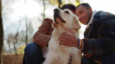 Arka planda sahipleri olan Golden Retriever köpeğine yakın çekim. Eşcinsel çift ve evcil hayvan