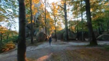 Yürüyüş aktivitesi. Ormanın derinliklerinde yürüyüş parkurunda koşan genç turistler. Aktif seyahat. Vahşi kayalar. Doğa ortamı.