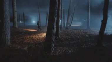 Geceleri ormanda elinde fenerle koşan erkek dedektifler. Orman, güvenlik, ekipman, projektör, sis, suçlu. FPV Drone