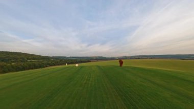 Hızlı İHA FPV uçuşu. Yeşil sahanın ortasındaki alışılmadık bordo heykel bakış açısı. Çağdaş heykelin yatay çekimi, sanat alanı. Kültür. Şehir dışında. Fütürist bir kavram. Açık havada..