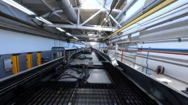 Tramvay nakliye fabrikasının manzarası. Tramvay içeride. İstasyondaki tramvay için yedek parça. Ağır endüstri konsepti. Ulaşım. FPV