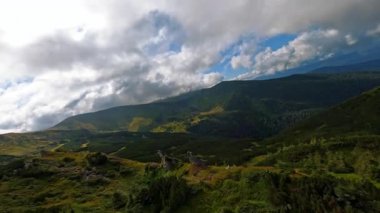 Tepeden tırnağa yükselen büyüleyici hava manzarası. Ukrayna Karpatı. Yeşil Orman