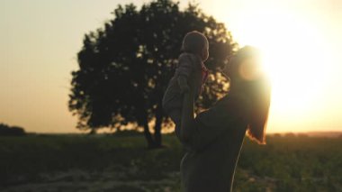 Mutlu çocuk ve anne ayçiçeği tarlasında oynuyorlar. Bebek ve anne sahada seyahat ediyor. Çocuk ve ebeveyn doğada oynuyor..